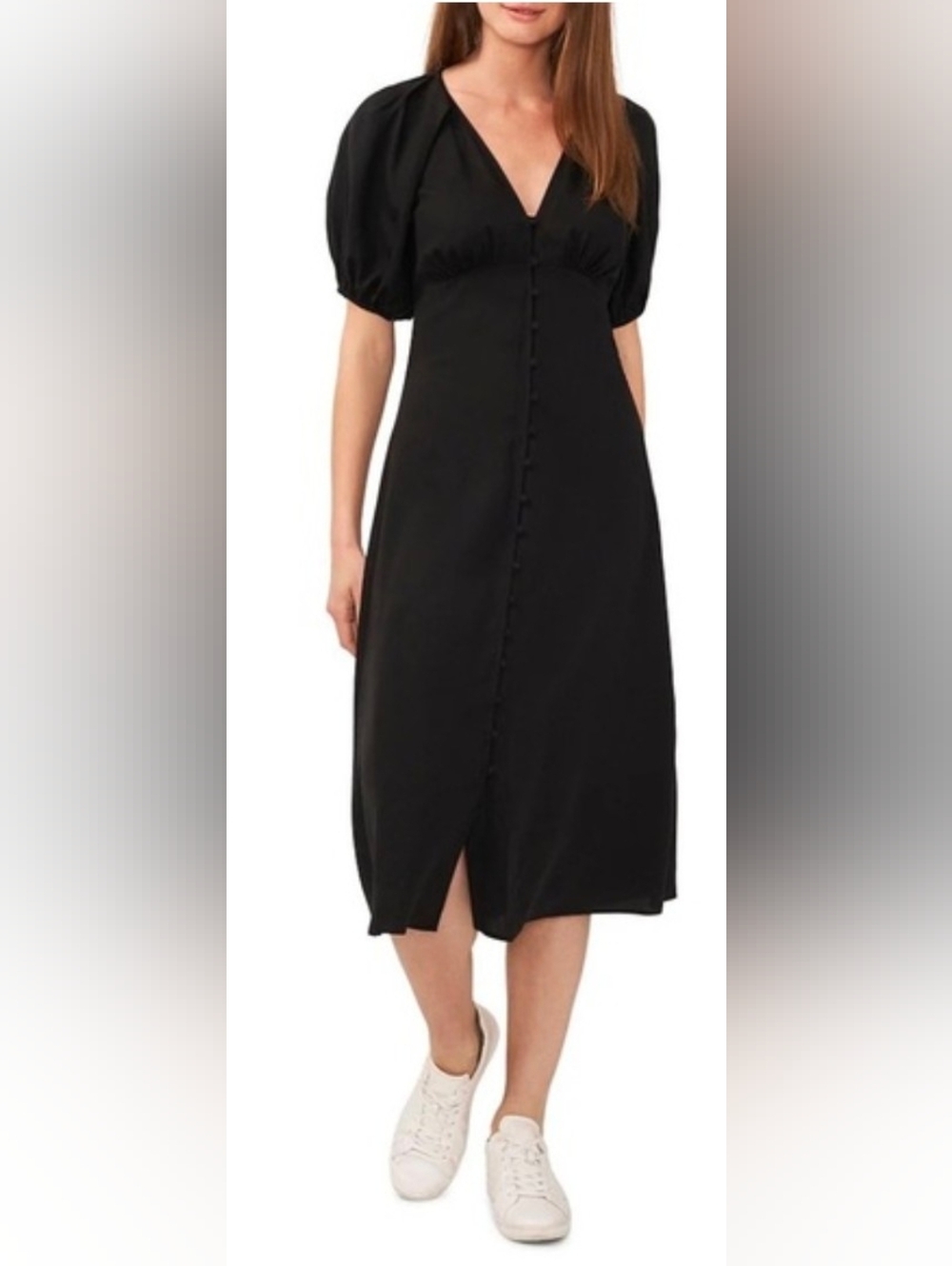 Chelsea & Violet Black Button-Front Midi Dress with V-Neck and Puff Sleeves